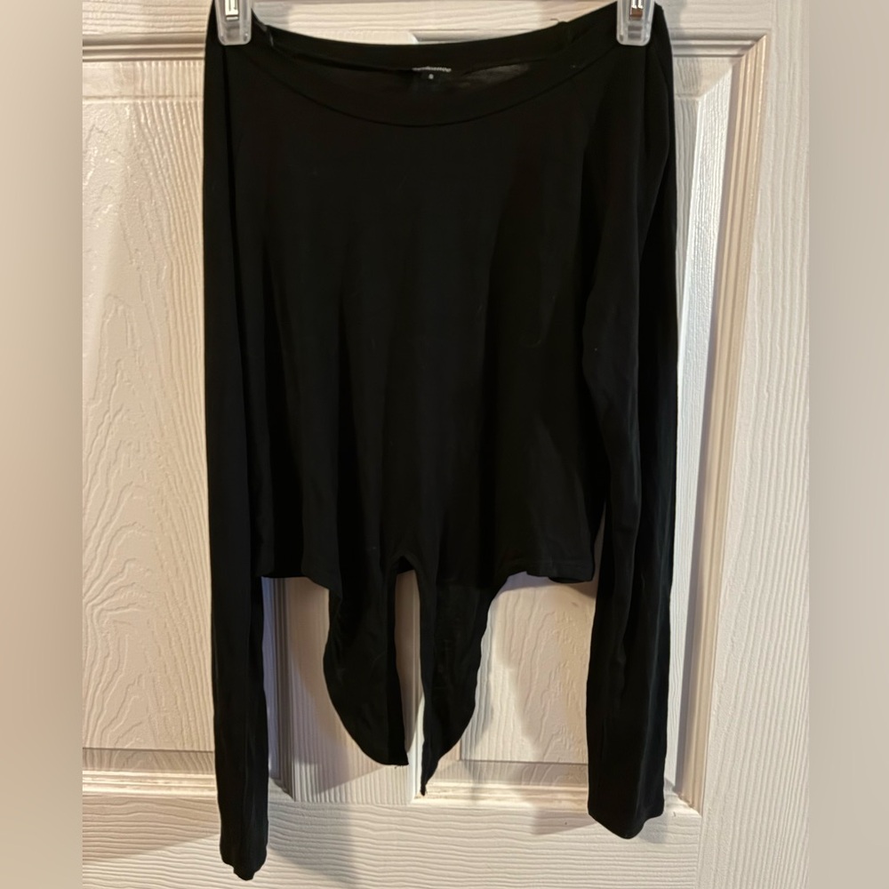 Ambiance Black Asymmetrical Crop Top with Front Style Ties and Long Sleeves